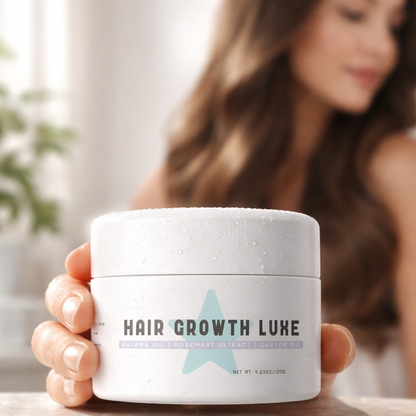 Person holding a jar of 'Hair Growth Luxe' product with a blurred background